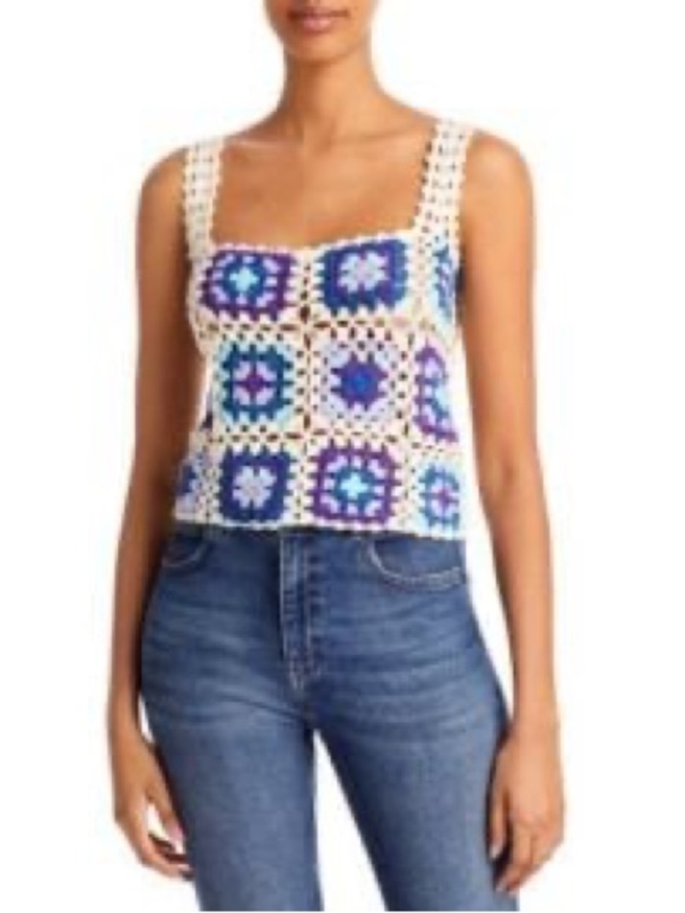 Bloomingdale’s -FORE- Crochet Square Tank in Cream with Blue & Purple Accents